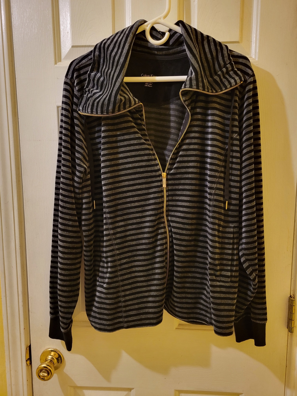 Calvin Klein Striped Velour Full Zip Jacket Women's 1X Plus Gray Black Cowl Neck